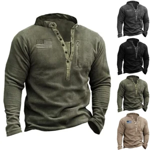 Mens Solid Casual Half Open Collar Tee Pullover Long Sleeve T-shirts Blouse Tops - Picture 1 of 18