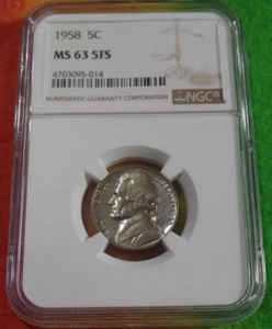 1958 5Cents Jefferson Nickel NGC MS 63 5FS !!!NICE!!! - Picture 1 of 2