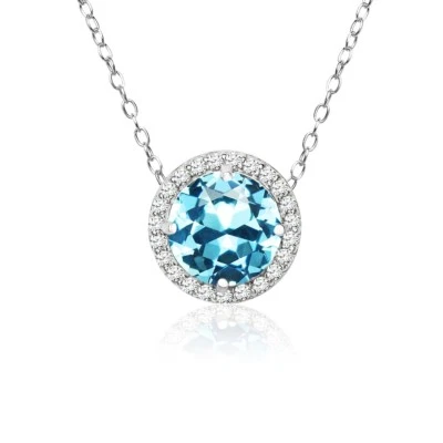 Round Halo Simulated Aquamarine & CZ Necklace in Sterling Silver - Image 1 of 4