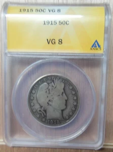 1915 Key Date Silver Barber Half Dollar ANACS Very Good 8 VG8 Nice Even Wear - Picture 1 of 2