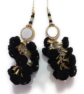 Indian Traditional Handmade Pompom Latkan Color Black For Blouse 1 Pair - Picture 1 of 2