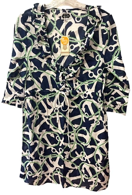 Mud Pie 连衣裙女式中号荷叶 V 领 3/4 袖海军蓝锚 Beachy Preppy — 第 1/4 张图片