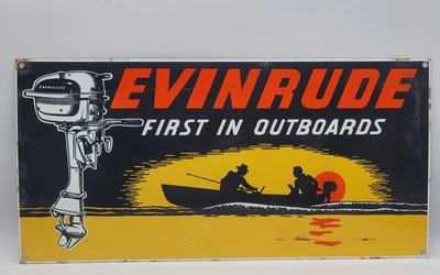 Placa de metal esmaltada porcelana desgastada Evinrude primeira em motores de popa - Imagem 1 de 4