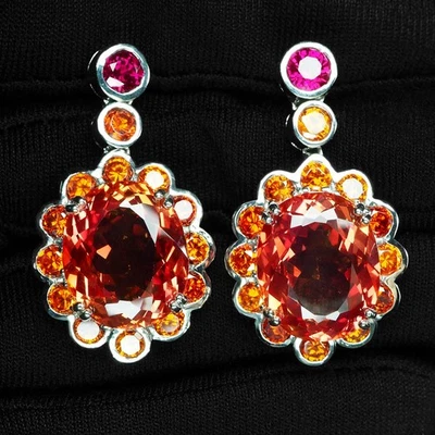 Orecchini fatti a mano in argento sterling 925 con zaffiro arancione... - Immagine 1 di 4