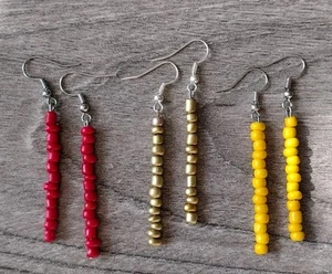 Handmade Red Gold Yellow Seed Beaded Earrings 3 Pairs - Picture 1 of 3