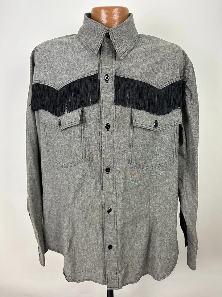 Винтажная мужская рубашка вестерн XL сужающаяся бахрома ручной работы шамбре на пуговицах черная - Изображение 1 из 4