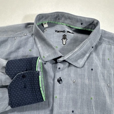 Visconti Black Mens Shirt XXL Blue Gray Skull Polka Dot Long Sleeve Button Down - Imagem 1 de 4