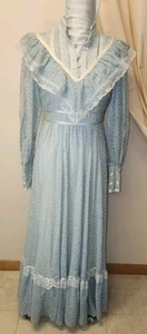 Vntg Gunne Sax LongDress*sz7*Blue w/White Floral Print*Pearl Buttons & Lace*VGUC - Picture 1 of 12