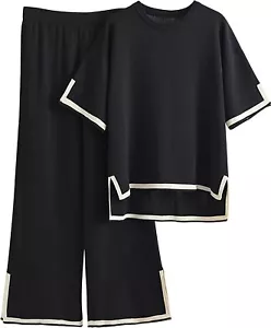 2 Pcs Women's Lounge Sweater Sets Short Sleeve Knit Pullover Tops Wide Leg Pants - Picture 1 of 75