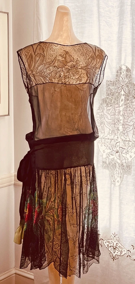 Vintage Silk Lace and Crepe Drop Waisted Dress w/ Hand Painted Flowers ZZ060 - Image 1 of 4