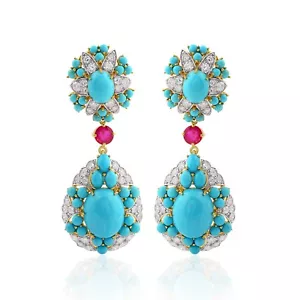29.62 TCW Turquoise Ruby Dangle Earrings Lab Grown CVD Diamond 14k Yellow Gold - Picture 1 of 8