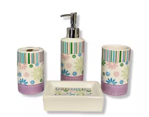Empire 4-Piece Ceramic Bathroom Accessory Set - Pink Flowers - Picture 1 of 1