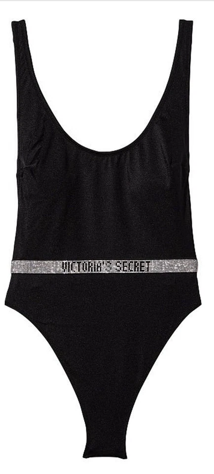 VICTORIA'S SECRET Shine Strap Plunge Swimsuit Side Boob High Cut Black Bling L Foto 1 de 3