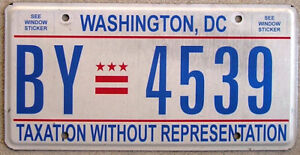 WASHINGTON DC AUTO LICENSE PLATE # BY=4539 "TAXATION WITHOUT REPRESENTATION"