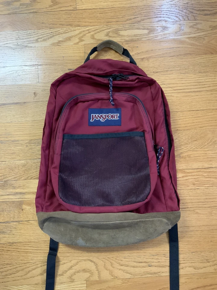 Mochila de Colección Jansport EE. UU. Granate Gamuza Cuero Parte Inferior Bolso para Libros Paquete de Día Usada en Excelente Condición Foto 1 de 4