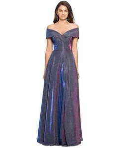 $310 XSCAPE Women's Off-The-Shoulder Shimmer Wrap Style Gown, Silver/Fuschia, 16 - Picture 1 of 4