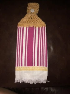 Hand Crocheted Hanging Kitchen Dish Towel- Pink Striped - Picture 1 of 4