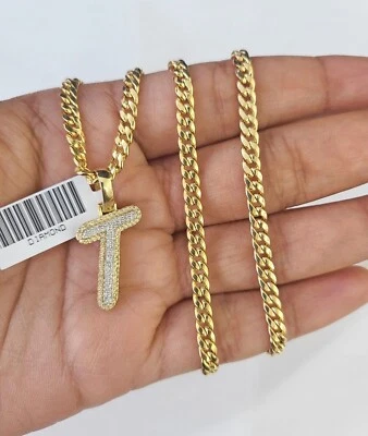 Conjunto de collar colgante de oro amarillo de 18-26" de cadena en T de diamantes con cadena cubana de Miami de 10 k Foto 1 de 4