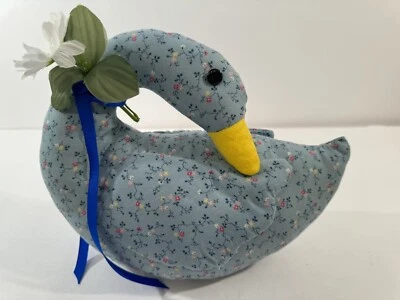 Vintage Folk Art Patchwork Duck Easter Throw Pillow w/ Quilting Blue Spring U5 - Image 1 of 4