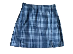 Brandy Melville Womens Cara Plaid Mini Skirt Size S Blue Slits School Preppy - Picture 1 of 13
