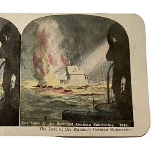 Antique Stereoscope Card Rammed German Submarine WWI Drawing Military Navy - Picture 1 of 3
