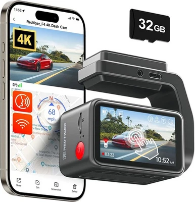 REDTIGER F4 32GB Dash Cam Front 4K Dash Camera 5.8GHz WiFi 2"Touch Screen - Image 1 of 4