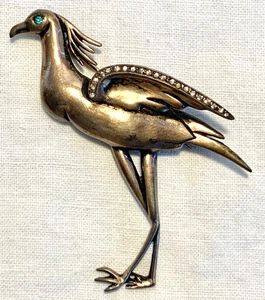 Vtg Crested Secretary Bird Pin Brooch Sterling Silver Clear & Blue Rhinestones - Picture 1 of 13
