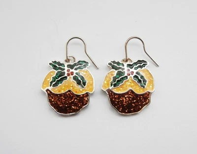 Brandneu Vintage 1980er Silber Metall, emailliert Weihnachten Pudding Draht Ohrringe - Bild 1 von 3