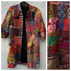 Boho Artsy Jacke Mantel Damen Medium Patchwork Art To Wear Lagenlook vorne offen - Bild 1 von 8