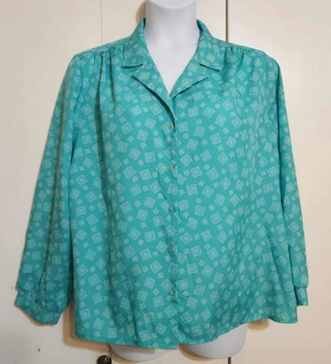 Blusa Donnkenny Vintage Plus 24W Aqua Geométrica Abotonada Campamento Manga Larga Camisa Foto 1 de 4