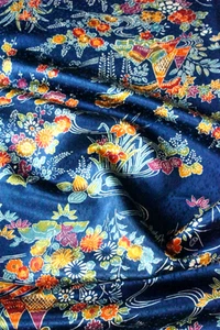 Vintage Japanese Kimono Silk Fabric, Blue Shiny Rinzu Floral 155CM(61") - Picture 1 of 12