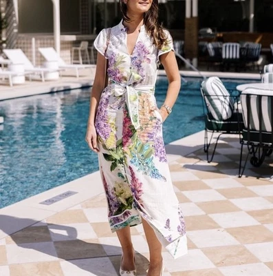 ONCE WAS Christina размер 0/AU 6/US 2 WISTERIA ALBA подпоясанный цветочный льняное платье - Изображение 1 из 4