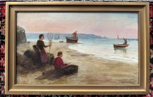 Antique oil painting of seaside sunset possibly Cornish Newlyn School - Picture 1 of 4