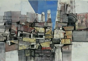 Gemälde Tempera Komposition Südliche Stadt Landschaft Hans Pluquet Signiert 62 - Picture 1 of 9