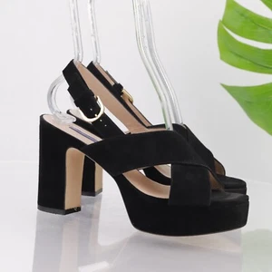 Stuart Weitzman Womens Jerry Sandal Size 8.5 Black Suede Block Heel Slingback - Picture 1 of 14