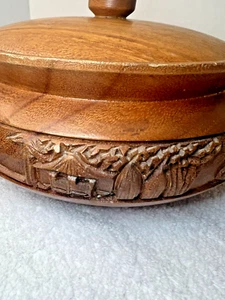 Carved Wood Bowl with lid carved Volcano, Bull, Hut on bowl.  No markings - Picture 1 of 15