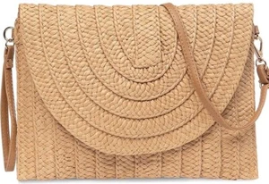 Pochette in paglia borsetta estiva spiaggia paglia donna tessuto busta cachi - Foto 1 di 9