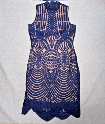 Bardot Lace Navy Sleeveless Midi Dress size 4 Nude lining Pencil Cocktail - Image 1 of 4