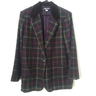 Vintage Womens Sag Harbor Wool Blend Plaid Blazer, Sz 14, Velvet Collar Pockets - Image 1 of 4
