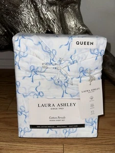 Laura Ashley Queen Sheet Set Trailing Bows White With Blue 4 Piece NEW - Picture 1 of 1