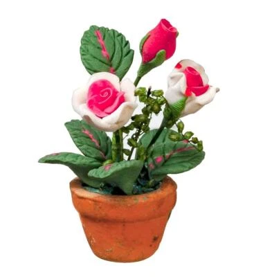 TOWN SQUARE MINIATURES Puppenhaus rosa Rosen im Terrakottatopf Miniatur Gartenzubehör Maßstab 1:12