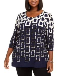Alfani  Women Navy Blue With Yellow Blouse 3/4 Sleeves Round Neck Size 0X Plus - Bild 1 von 5