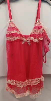 BLACK FUCHSIA Lingerie By Secret Lace Size Large Pink Baby Doll With Thong - Image 1 of 4