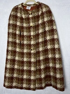 Vintage Tartan Plaid Houndstooth Cape Poncho 60s Handmade L XL Brown Wool Blend - Picture 1 of 9