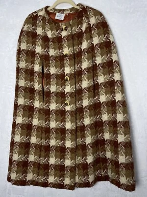 Vintage Tartan Plaid Houndstooth Cape Poncho 60s Handmade L XL Brown Wool Blend - Image 1 of 4