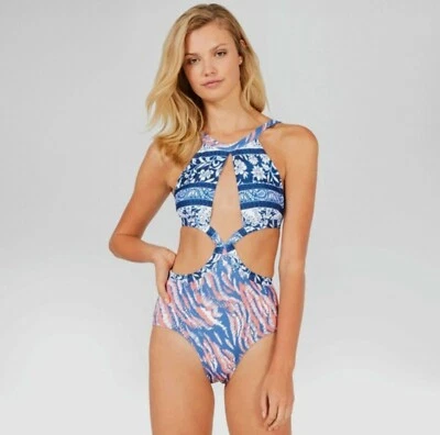 Traje de baño de una pieza hecho por Minkpink Resort índigo puesta de sol multicolor boho talla L Foto 1 de 4