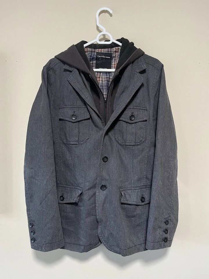 Chaqueta Calvin Klein Chore Abrigo Denim Utilitario Granero Mediano Forrado a Cuadros Gris Capucha Foto 1 de 4