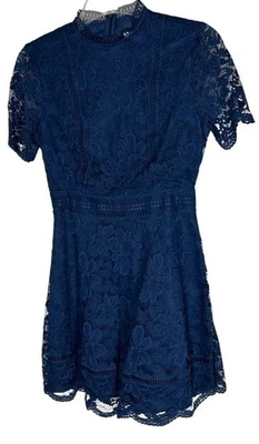 BB Dakota Cocktail Dress Size 2 Navy Blue Lace High Neck Fit & Flare - Image 1 of 4