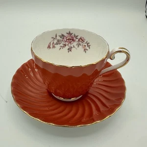 Vintage AYNSLEY Tea Cup & Saucer Rust Orange Pink & White Floral Interior Gilt - Picture 1 of 17