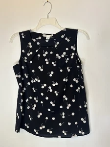 Coldwater Creek Blouse Size M 10/12 Black Ivory Cherries Sleeveless Pleated Neck - Picture 1 of 7